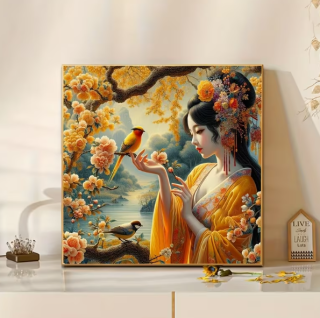 Preview: Diamond Painting Asiatische Schönheit mit Vögeln